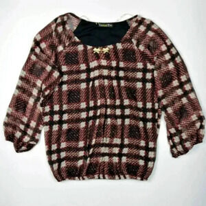 Red Plaid Chiffon Blouse with Brooch